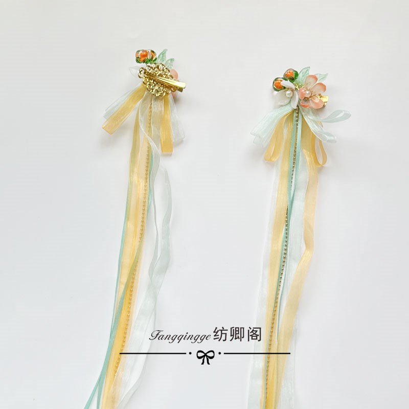 中秋古风小女孩黄色飘带黄素馨对夹儿童日常旗袍汉服丝带发夹头饰