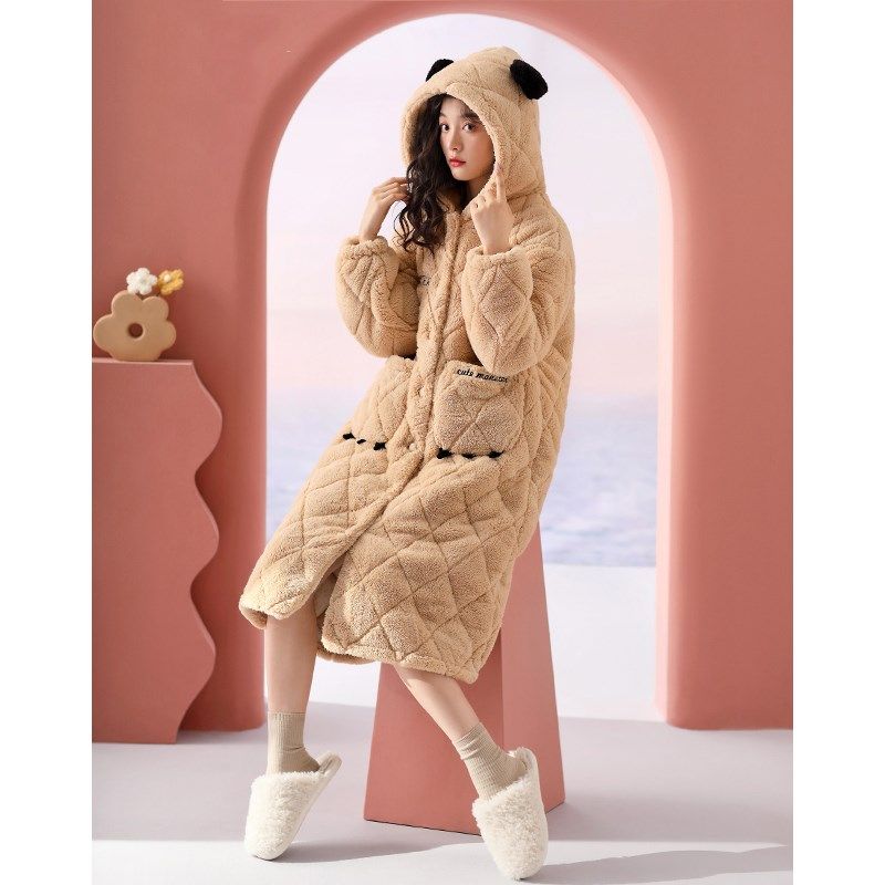 2022新款睡袍女冬季三层加厚加绒夹棉可爱睡衣长款珊瑚绒加棉浴袍