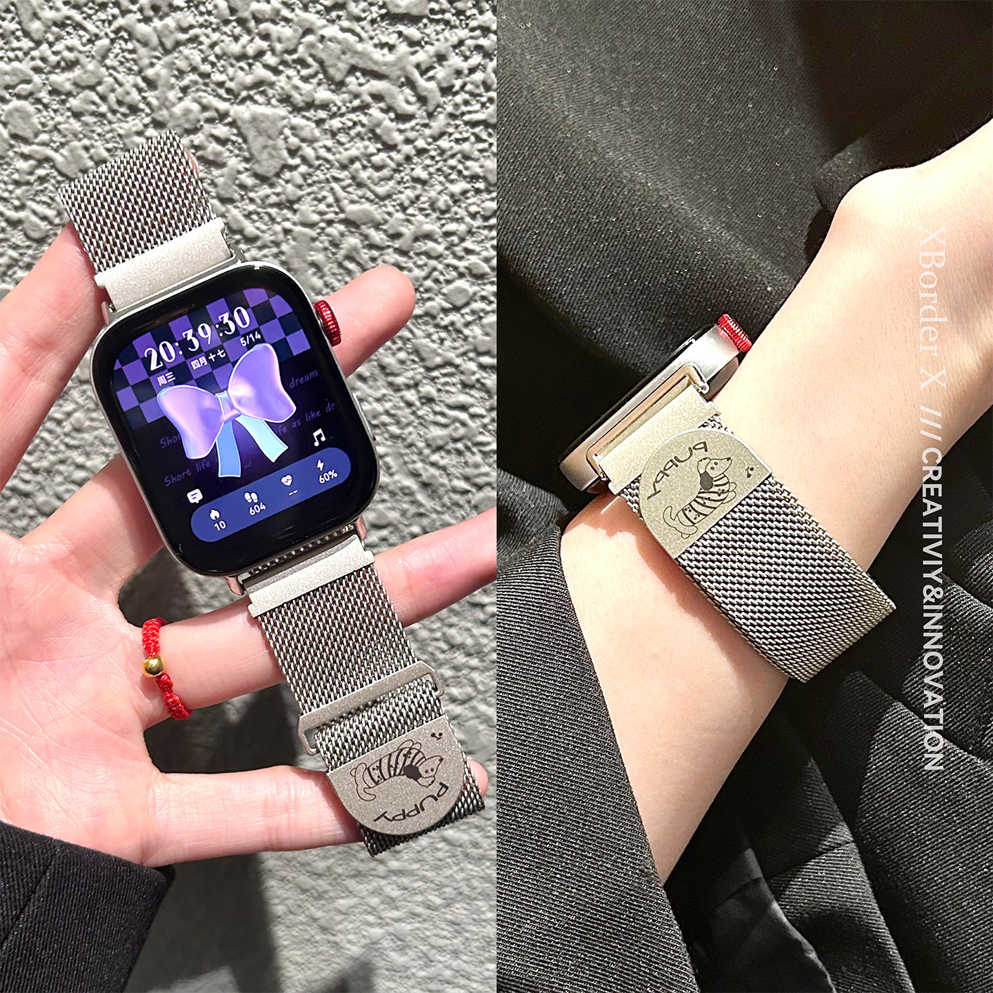 适用华为fit4手表4proFit3表带女款不锈钢腊肠狗磁吸米兰尼斯女夏
