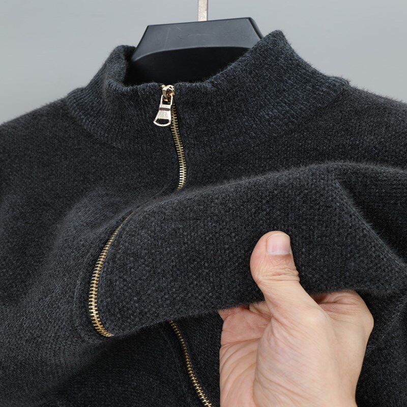 秋冬季雪尼尔加绒加厚半高立领拉链毛衣男士开衫保暖针织衫外套潮