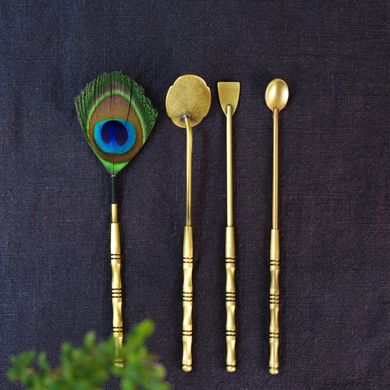 黄铜孔雀翎香扫灰压香勺香铲香道打香篆空熏工具四件套装香事入门