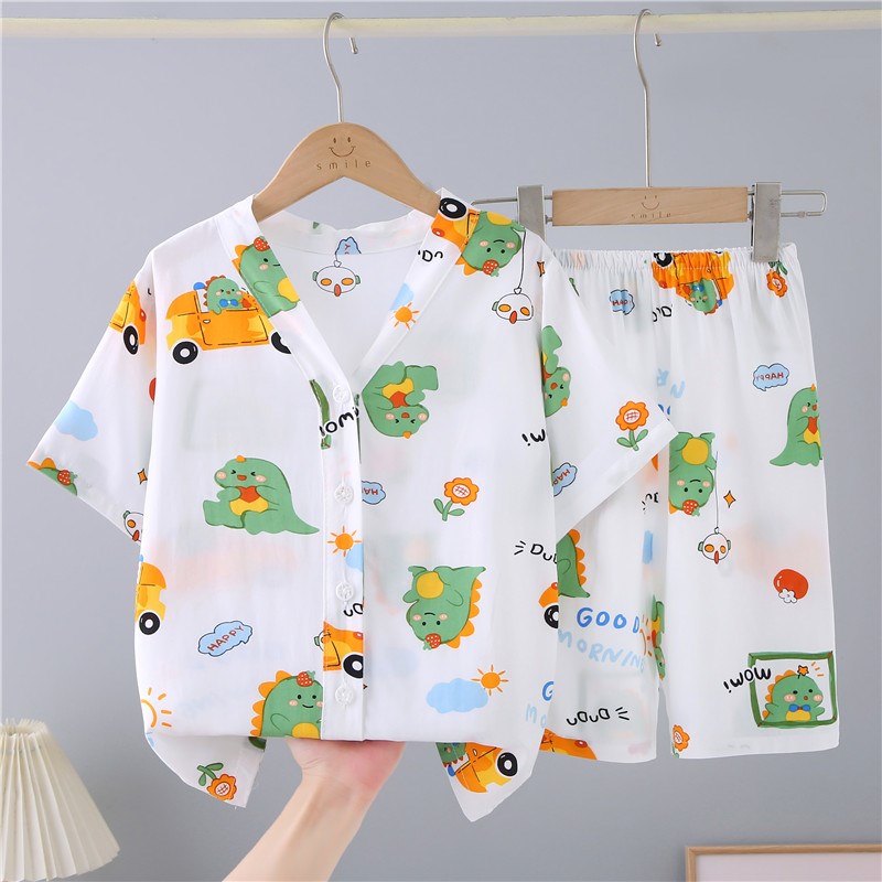 女童短袖棉绸睡衣儿童男童女孩家居服夏季宝宝薄款绵绸空调服套装