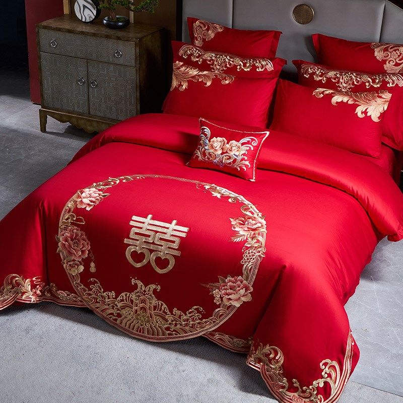 新中式婚庆床品四件套高档婚房100支长绒棉结婚女方陪嫁喜被嫁妆