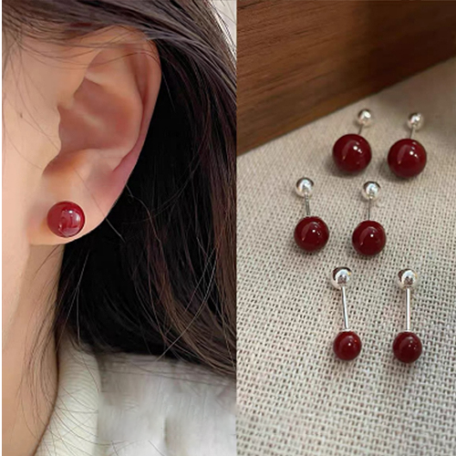 酒红色珍珠耳钉朱砂螺纹针女耳钉