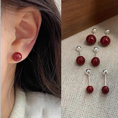 酒红色珍珠耳钉朱砂螺纹针耳钉洗睡免摘防过敏ins潮转运耳饰耳钉