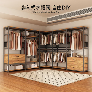 钢木衣柜卧室家用衣帽间架子转角衣橱结实耐用开放式 金属衣柜 组装