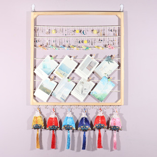 创意实木收纳装饰架麻绳挂饰架幼儿园美工区作品展示架挂墙网格架