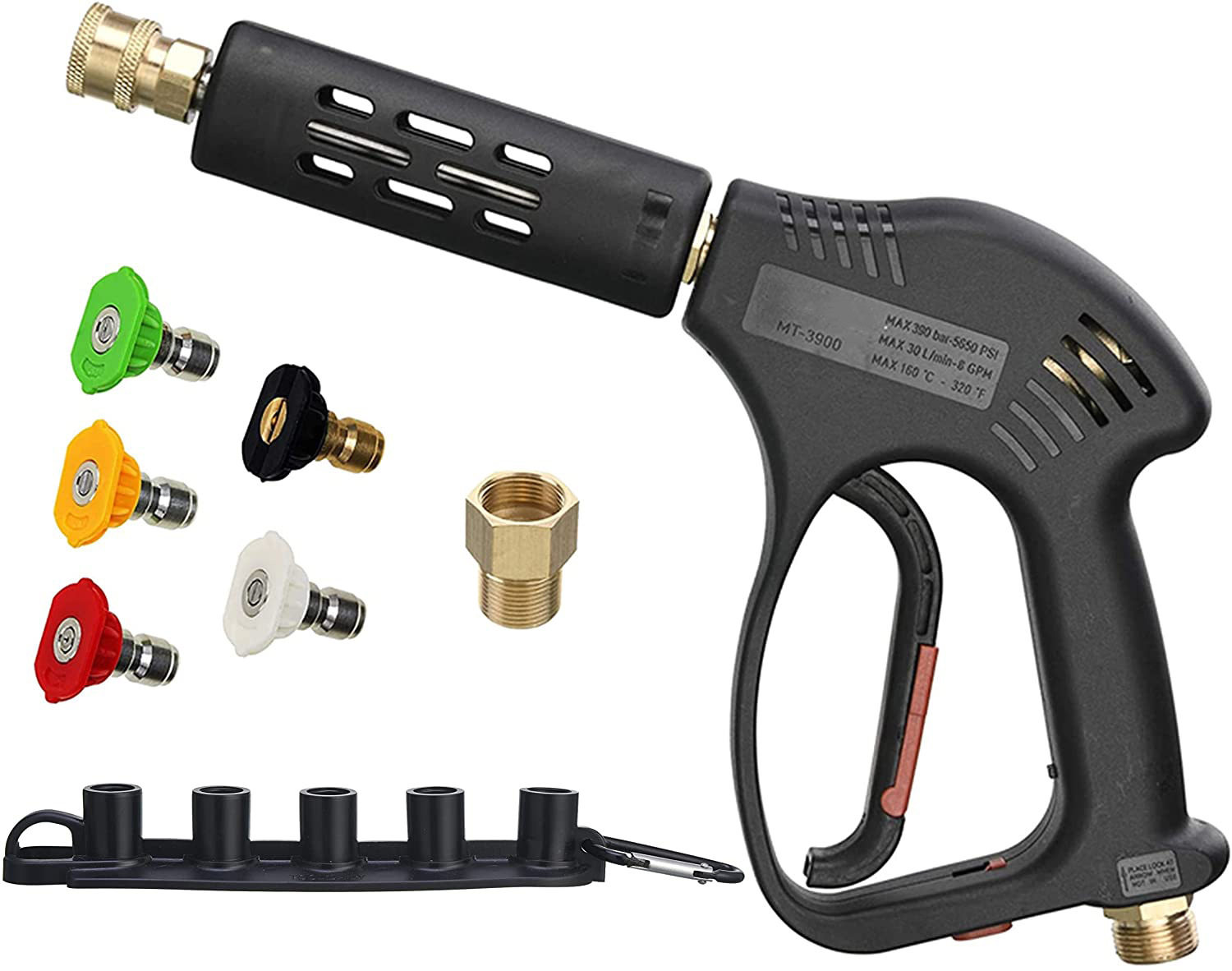 高压清洗枪5000PSI,热水冷水更换M22带5个喷嘴头清洁加压高压力