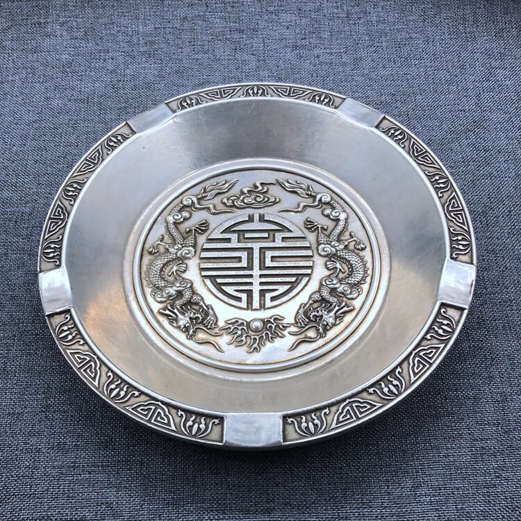 批发文房书法用品笔洗笔搁水碟盛墨水墨盒仿古白铜 银盘子大号笔