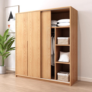 全实木橡木衣柜原木风家用大小户型北欧推拉趟门衣橱儿童储物柜子