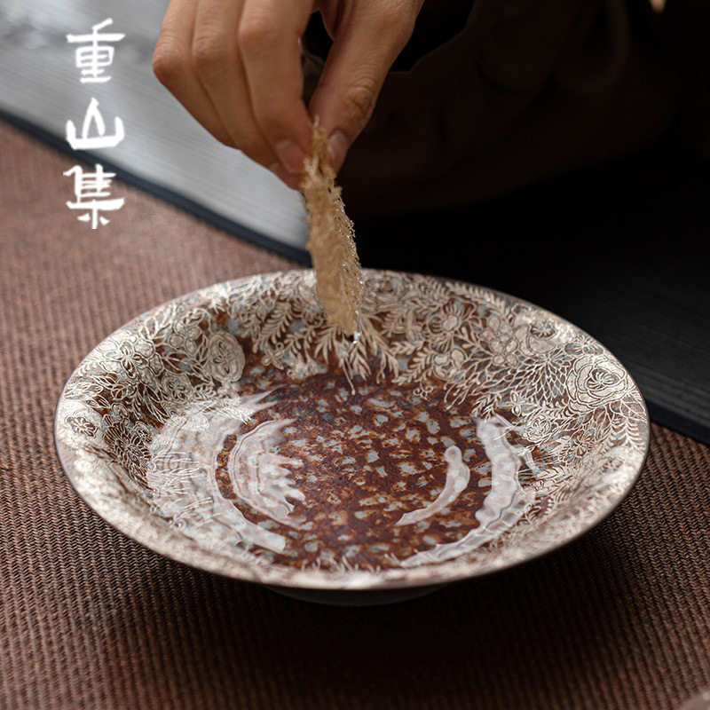 老岩泥繁花鎏银壶承粗陶干泡盘小号茶盘养壶托盘茶台茶托茶点盘