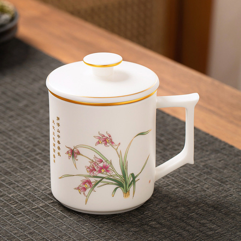 描金兰花水杯素烧羊脂玉瓷办公杯带盖把手花卉茶杯高档陶瓷泡茶杯