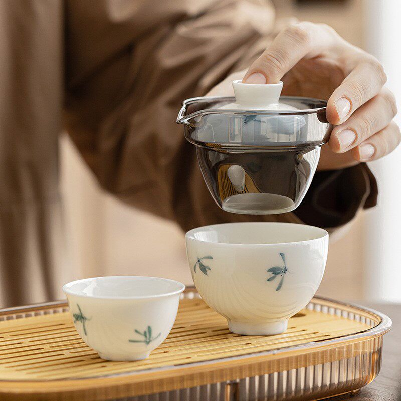 手绘蝴蝶兰旅行茶具羊脂玉一壶两杯便携式功夫泡茶具珍珠包小快客