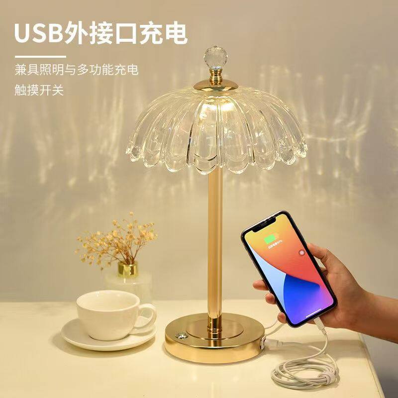 水晶台灯卧室床头灯轻奢ins少女新款高级感氛围usb充电触摸调光灯