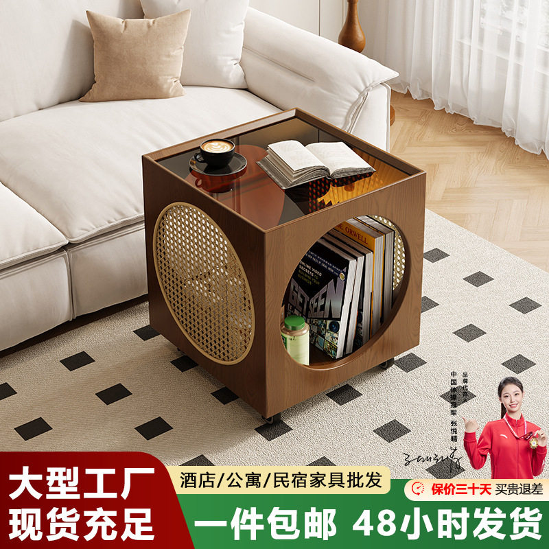 中古风茶几客厅可移动茶几边几沙发推车床头柜藤编小边桌置物边几