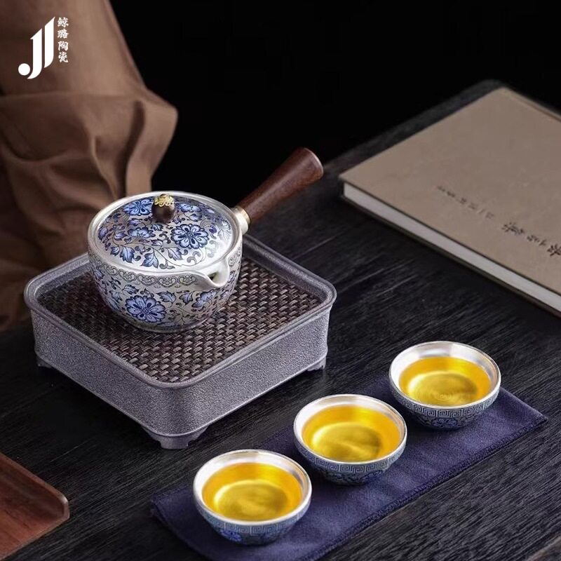高档鎏银缠枝莲旅行茶具套装户外便携式防烫侧把壶车载旅游泡茶器