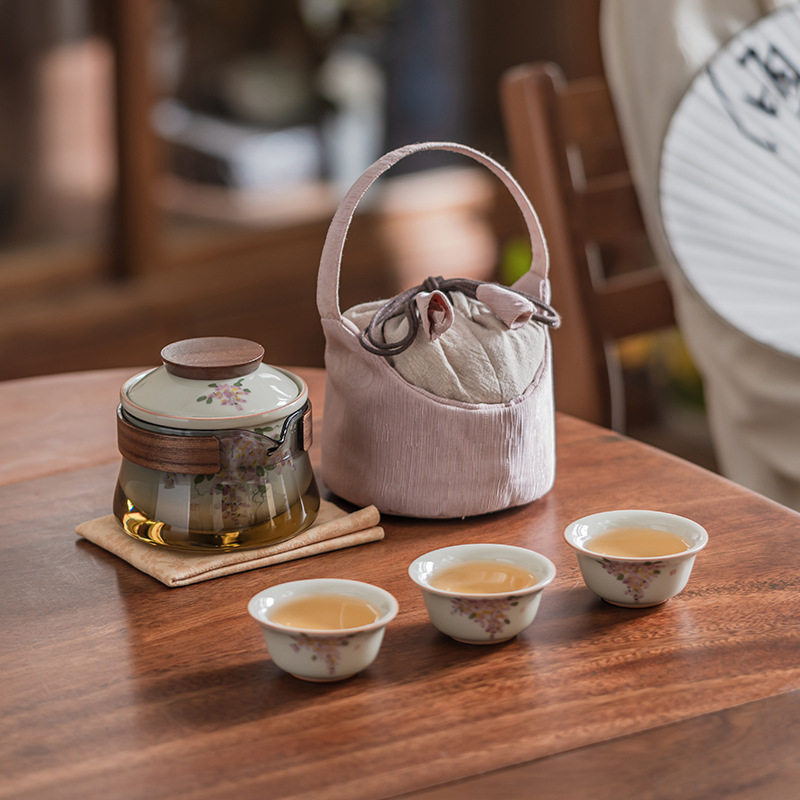 手绘紫藤花快客杯一壶三杯玻璃旅行茶具套装户外泡茶壶便携收纳包