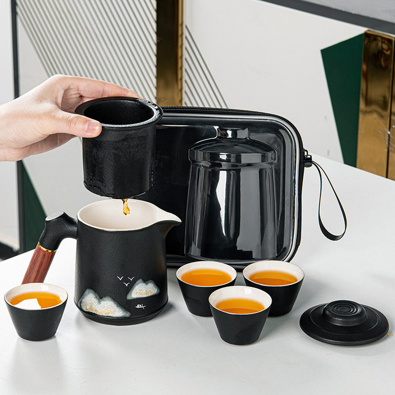 教师节礼品黑陶青山飞鸟行茶具便携式旅行收纳包一壶四杯可定logo