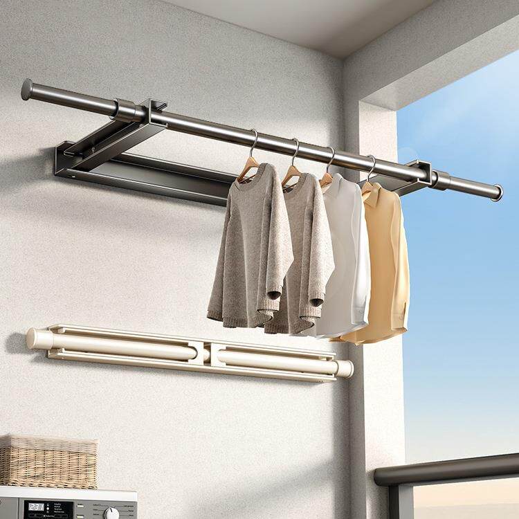 侧装阳台晾衣杆固定式一整根侧面墙上晾衣架子隐形伸缩折叠免打孔