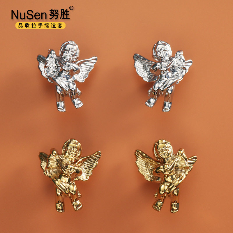 努胜天使纯铜拉手衣柜装饰创意个性镀铬银色金色抽屉单孔橱柜把手