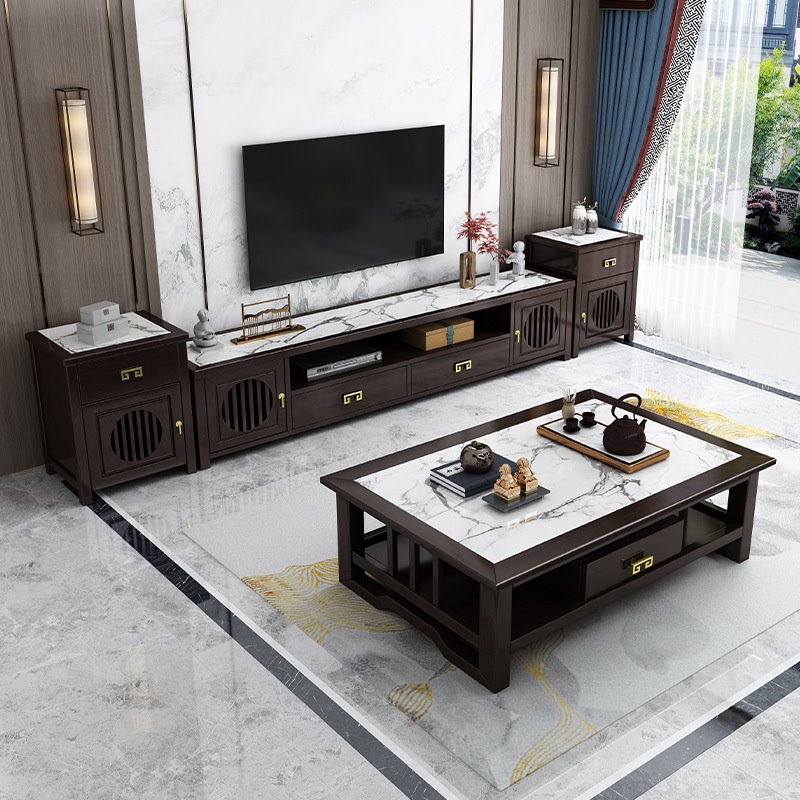 新中式实木电视柜茶几组合现代简约大理石岩板多功能客厅储物地柜