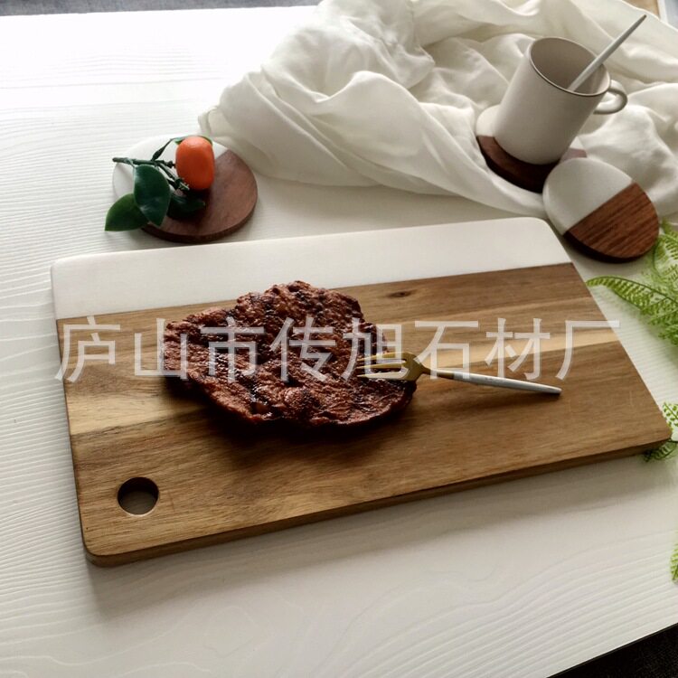 北欧风格大理石托盘披萨餐盘 相思木拼接大理石时尚砧板 实木菜板