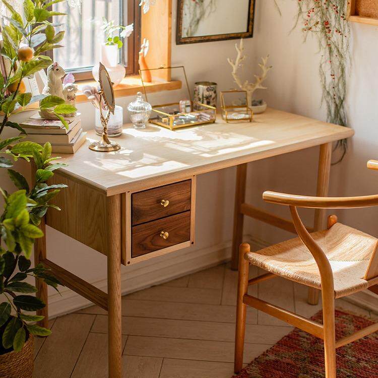 北欧白蜡木书桌电脑桌书房带抽屉办公写字台卧室实木收纳化妆台