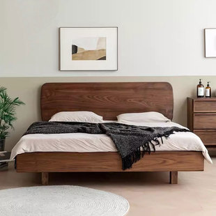 北欧简约樱桃木黑胡桃木实木悬浮床日式曲面造型扎实无异响双人床