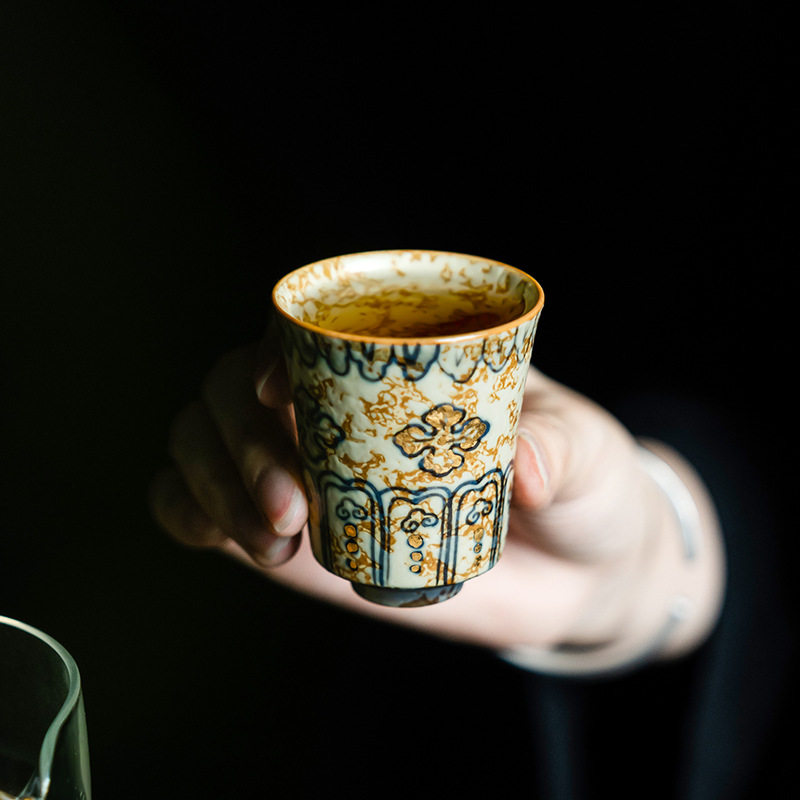 手绘描金青花火石红茶杯家用大容量主人杯陶瓷单杯功夫闻香杯