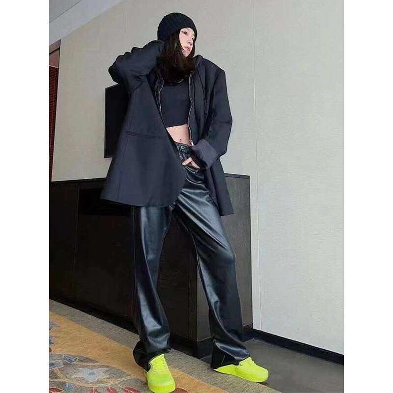 秋冬新款皮裤女美式复古高街休闲高腰宽松PU西装加长阔腿裤子