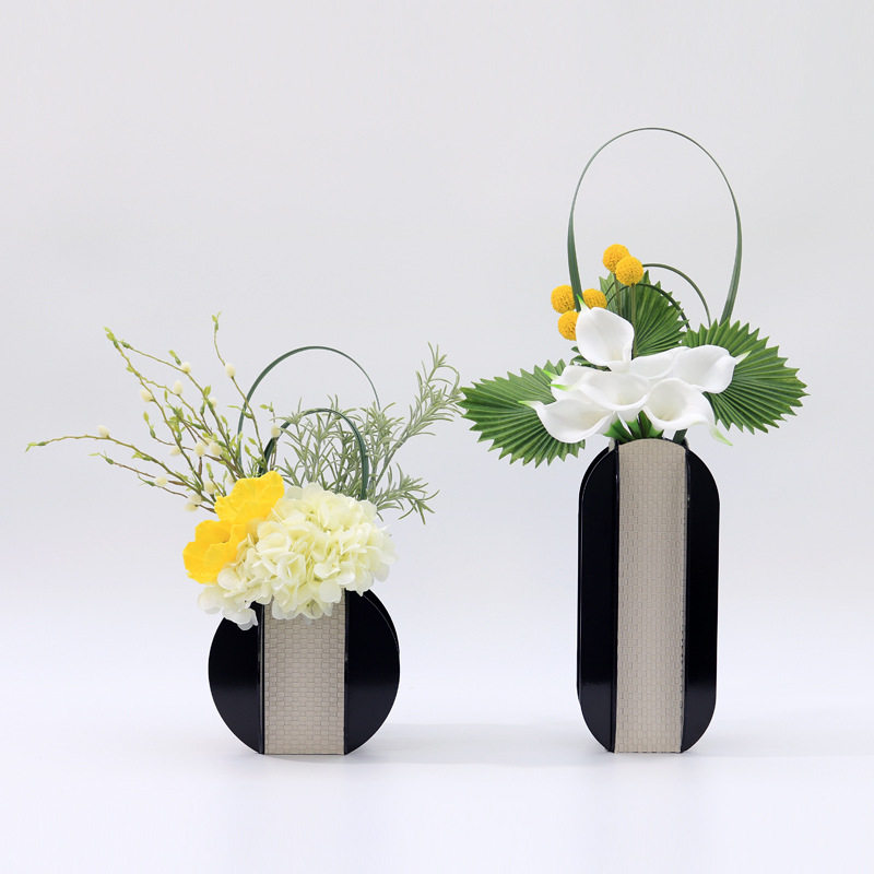 现代仿真花摆件轻奢皮革插花器样板间花艺简约餐桌客厅家居装饰花
