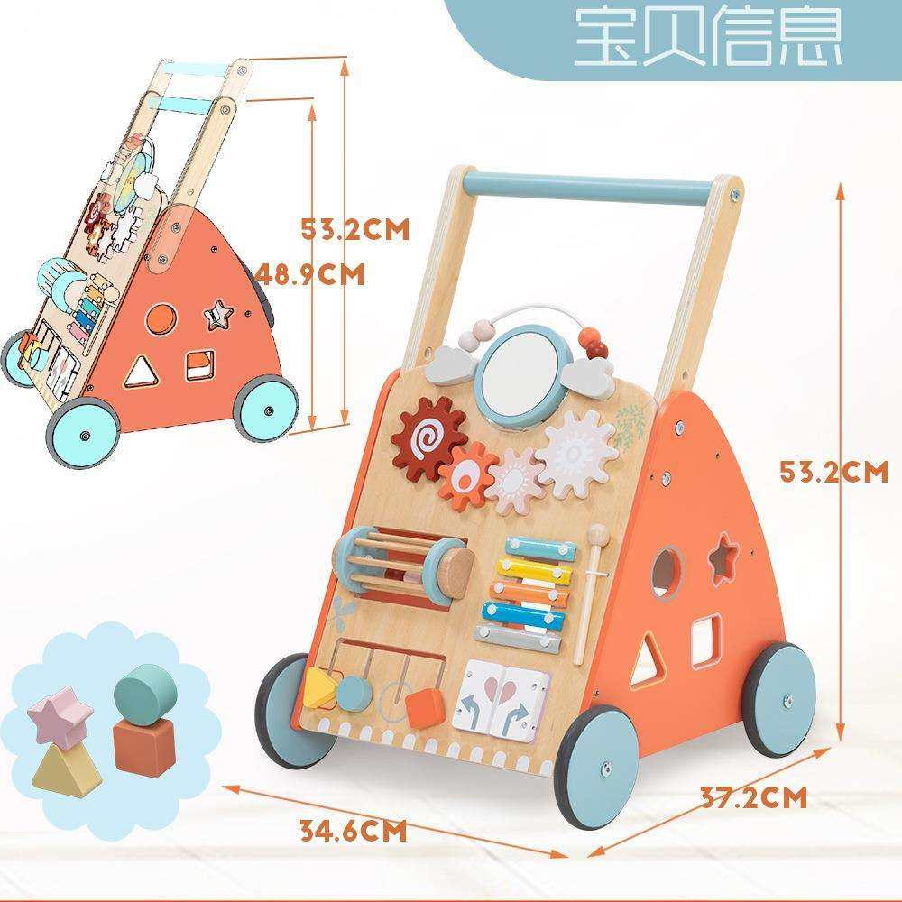 多功能模拟方向盘学步木质敲琴绕珠齿轮手推车益智早教防侧翻玩具