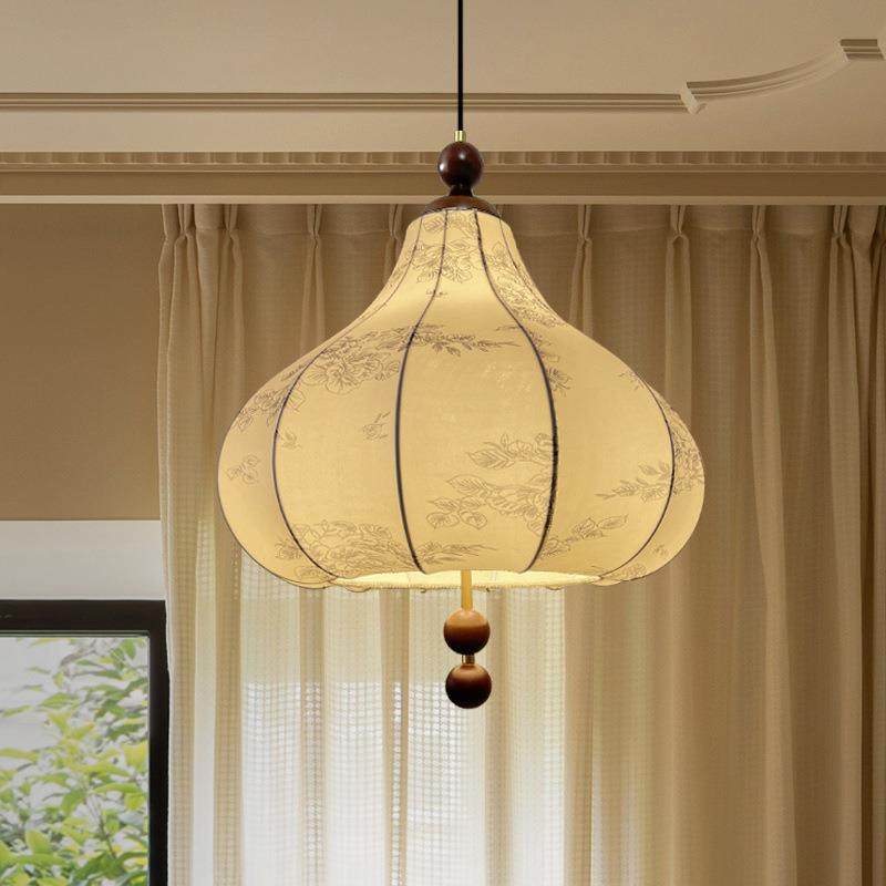 卧室吊灯法式复古风布艺餐厅吧台灯实木日式中古风印花护眼灯具