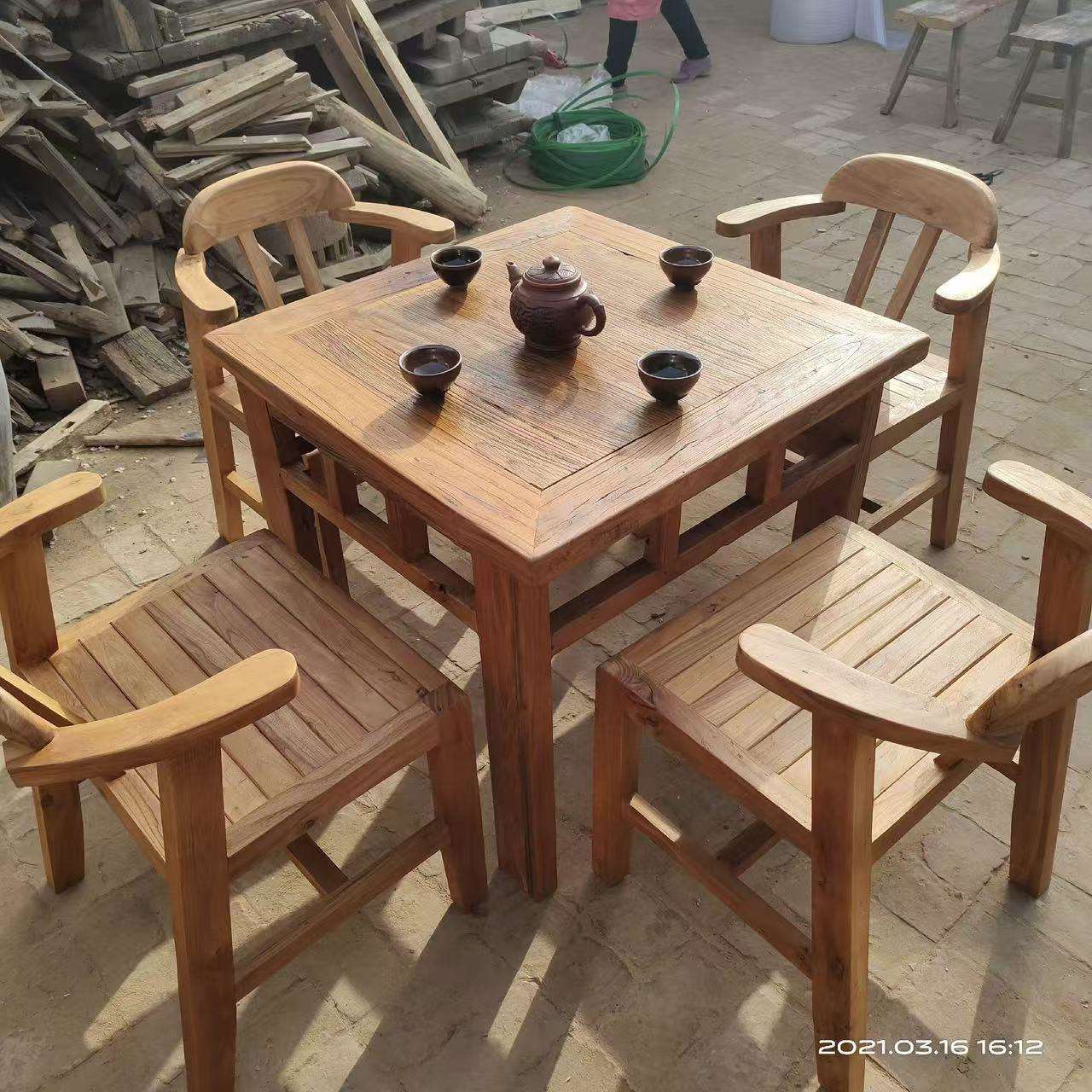 榆木八仙桌正方形餐桌实木方桌茶桌四方桌家用喝茶桌椅组合