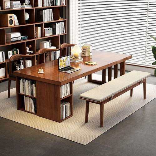 全实木大板书桌客厅家用书柜一体办公学习桌现代简约书房写字桌子