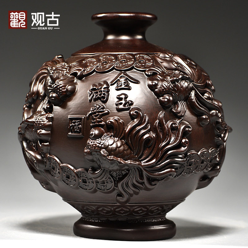 黑檀木雕金玉满堂花瓶摆件年年有鱼客厅插花装饰家居实木质工艺品