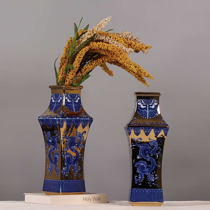 中式青花瓷电镀四方樽客厅书房插花装饰品陶瓷花瓶博古架条案摆件
