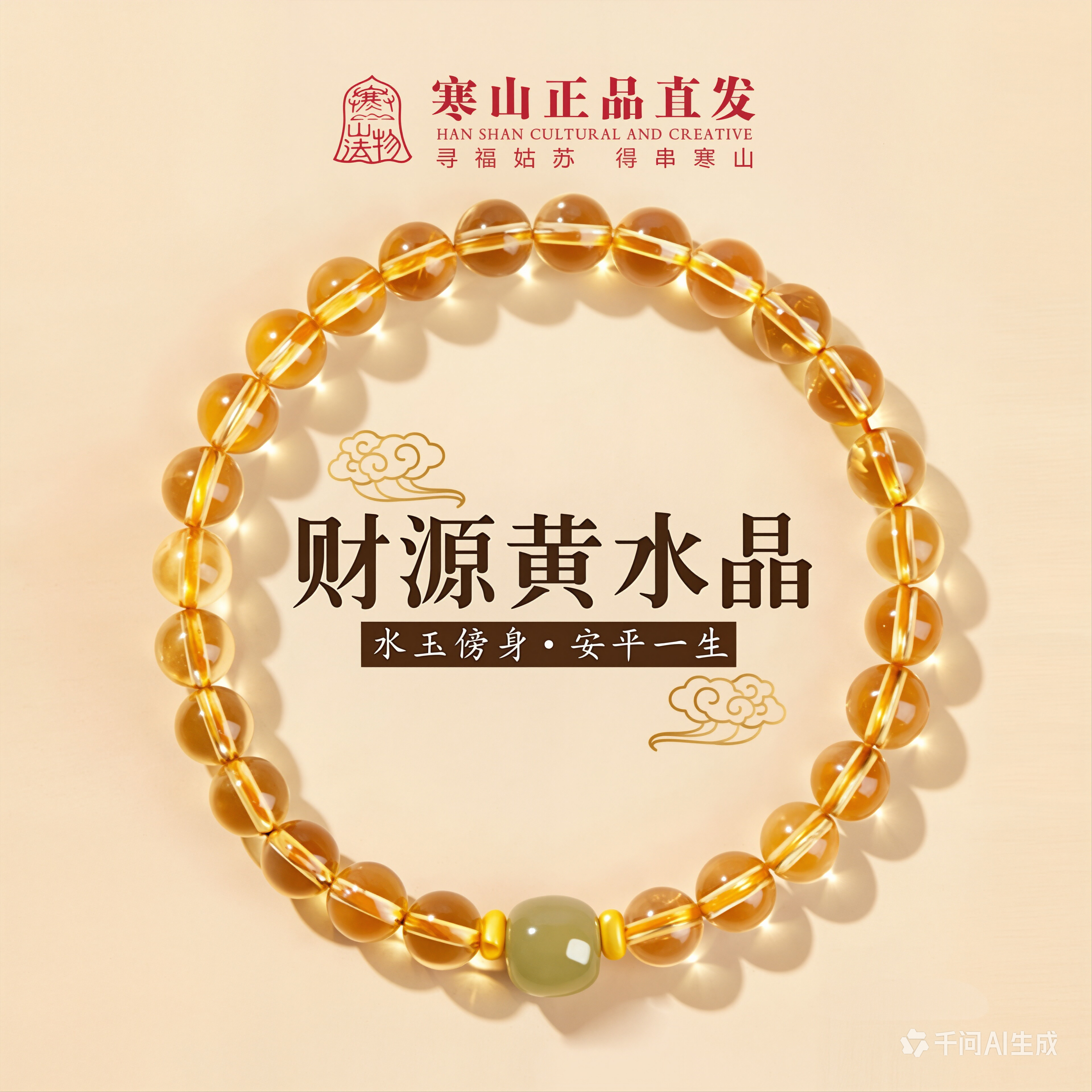 天然巴西黄水晶财运招财手链女和田玉转运珠手串护身符逢考必过