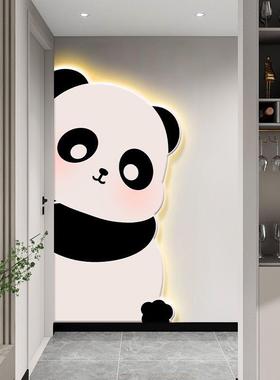 奶油风走玄光关装饰画创意熊猫发壁IXZ画高档灯入户廊过道挂画温
