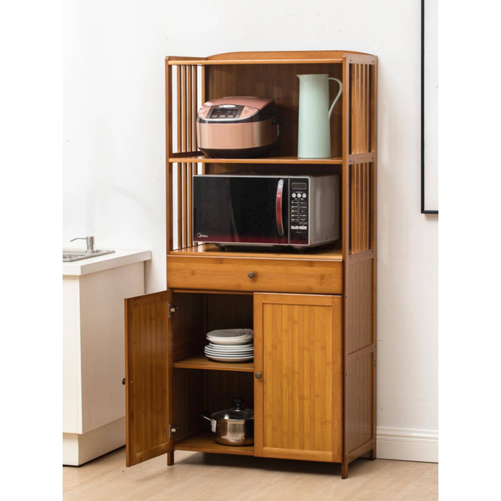 简易餐柜碗柜功实能厨房木收纳置物架边茶新XDZ多品楠竹储物柜子