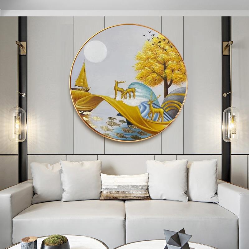 纯手绘油画圆形鹿风景装饰画客厅玄VDP麋关壁绘画手挂工制成品圆图片