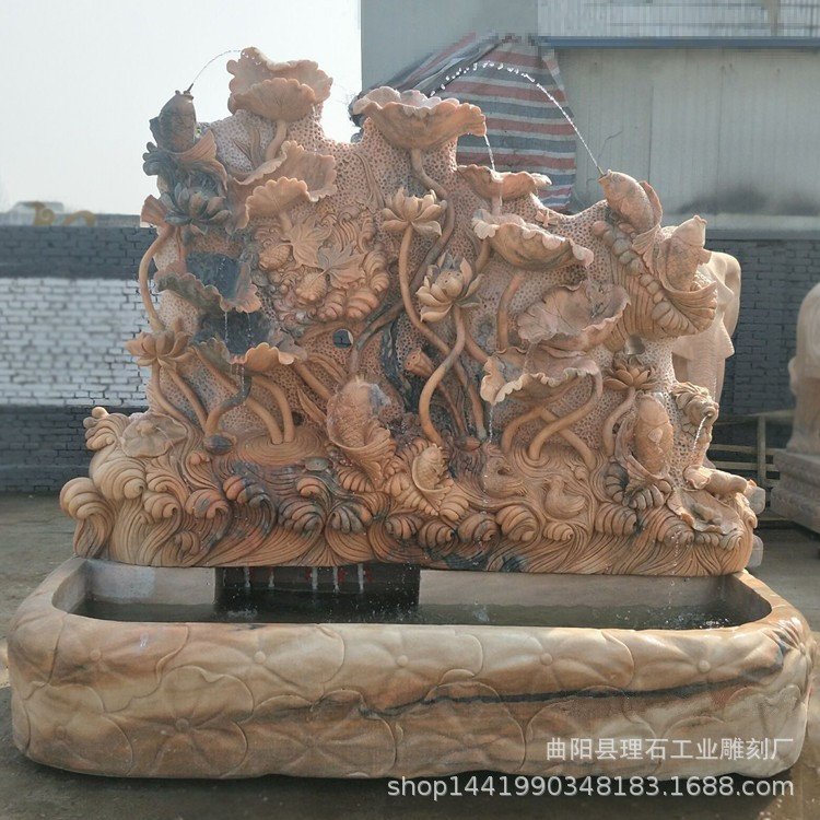 石雕荷花雕塑庭院景观流水喷泉大理石水池鱼缸深浮雕刻工艺品摆件