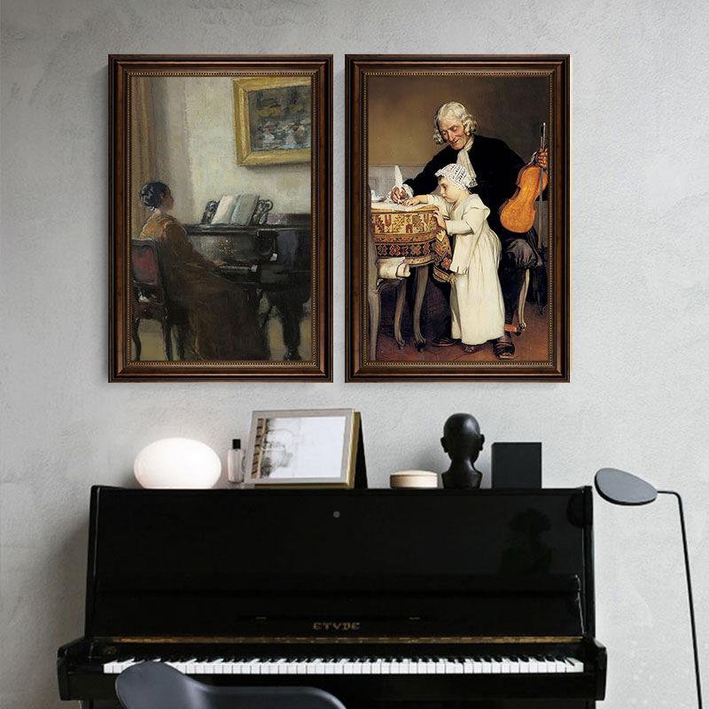 钢琴小提女孩装教饰画复古音琴乐艺古术琴房挂画典音乐室墙面RLA