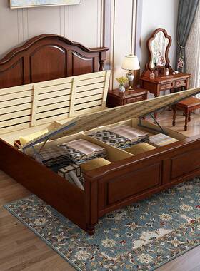 桃花心床木木美式轻奢实床复古乡村储1.5ZAZm1.8米物卧室婚单人双