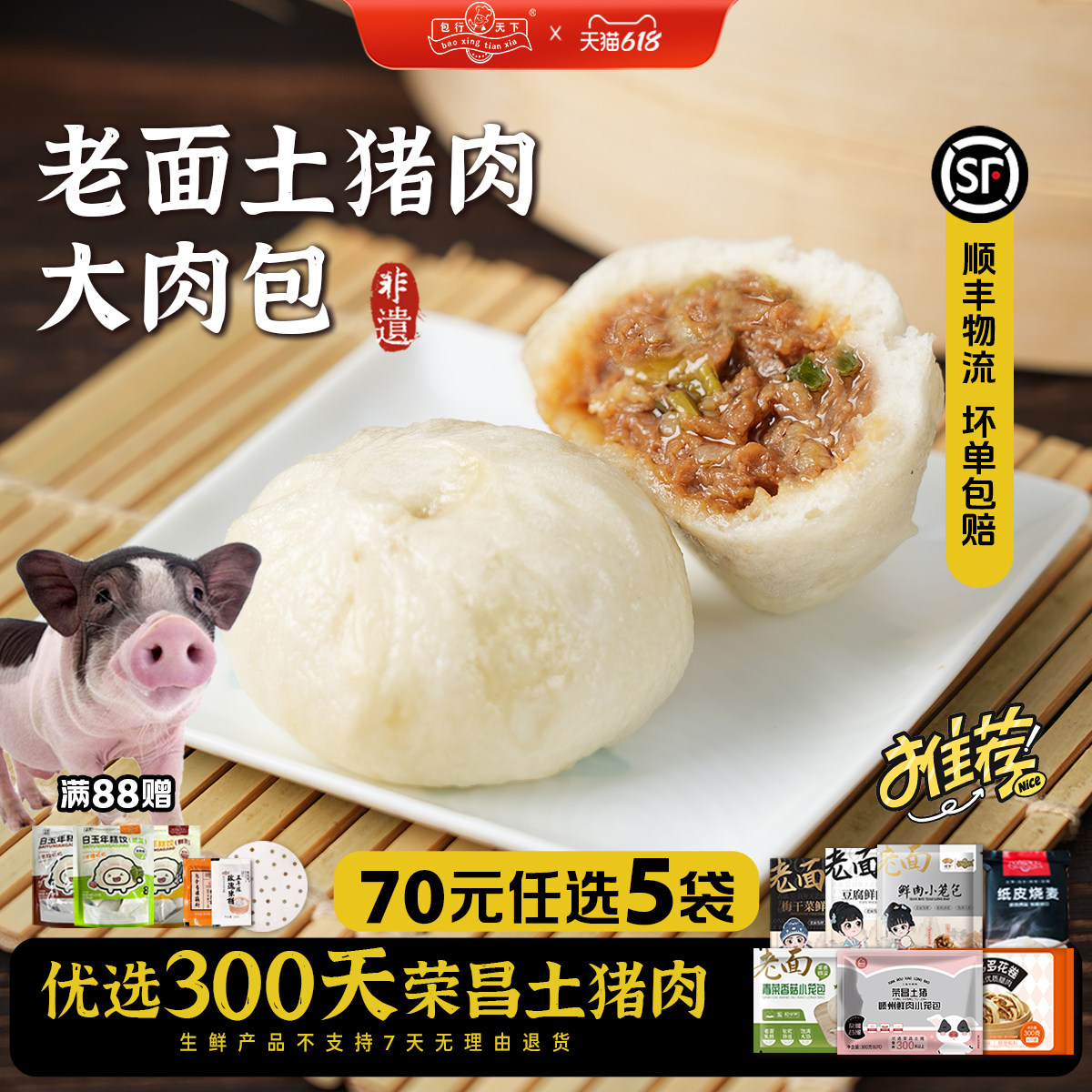 「限时70元任选5袋」包行天下嵊州老面土猪鲜肉大包子早餐速食