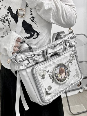 缎面蝴蝶结花边痛包大食量lolita托特女包斜挎单肩猫幼幼自痛包