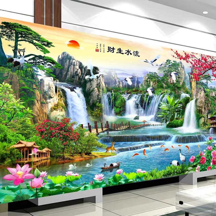 线绣自己绣手工十字绣2025新款客厅流水生财山水画风景迎客松大气