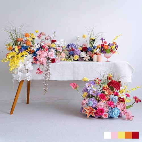 婚礼装饰缤纷彩色桌花花艺 仿真花假花迎宾柜台桌面摆放摄影假花