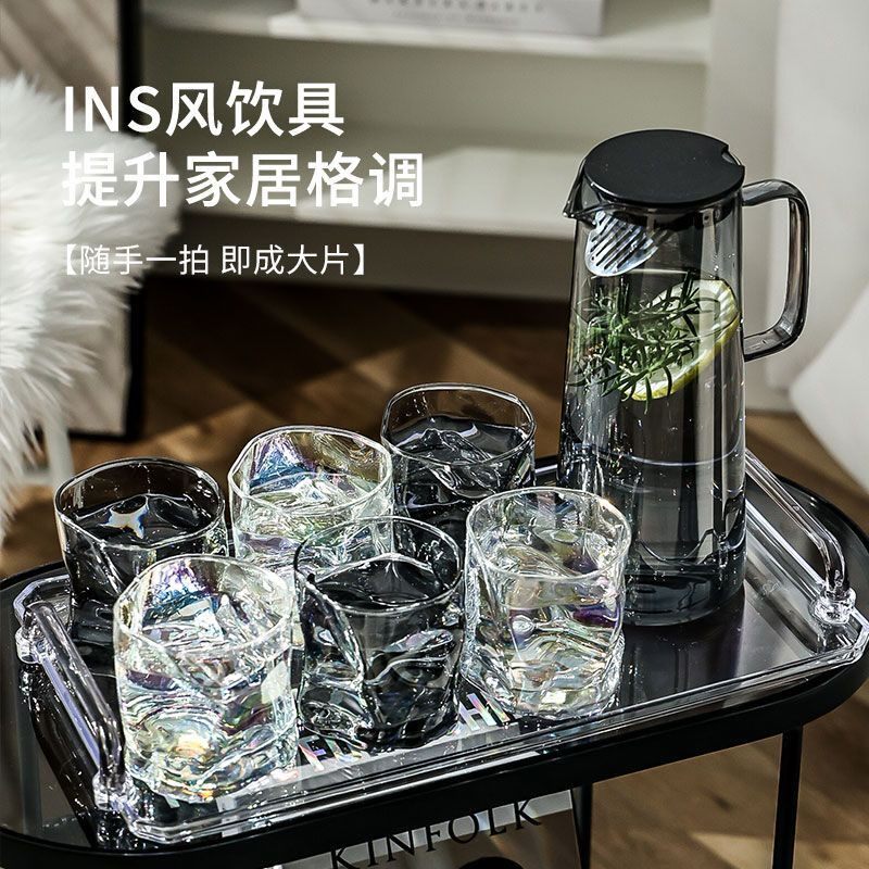 ins风玻璃杯家用北欧烟灰水杯现代简约家庭杯子客厅茶杯杯具套装