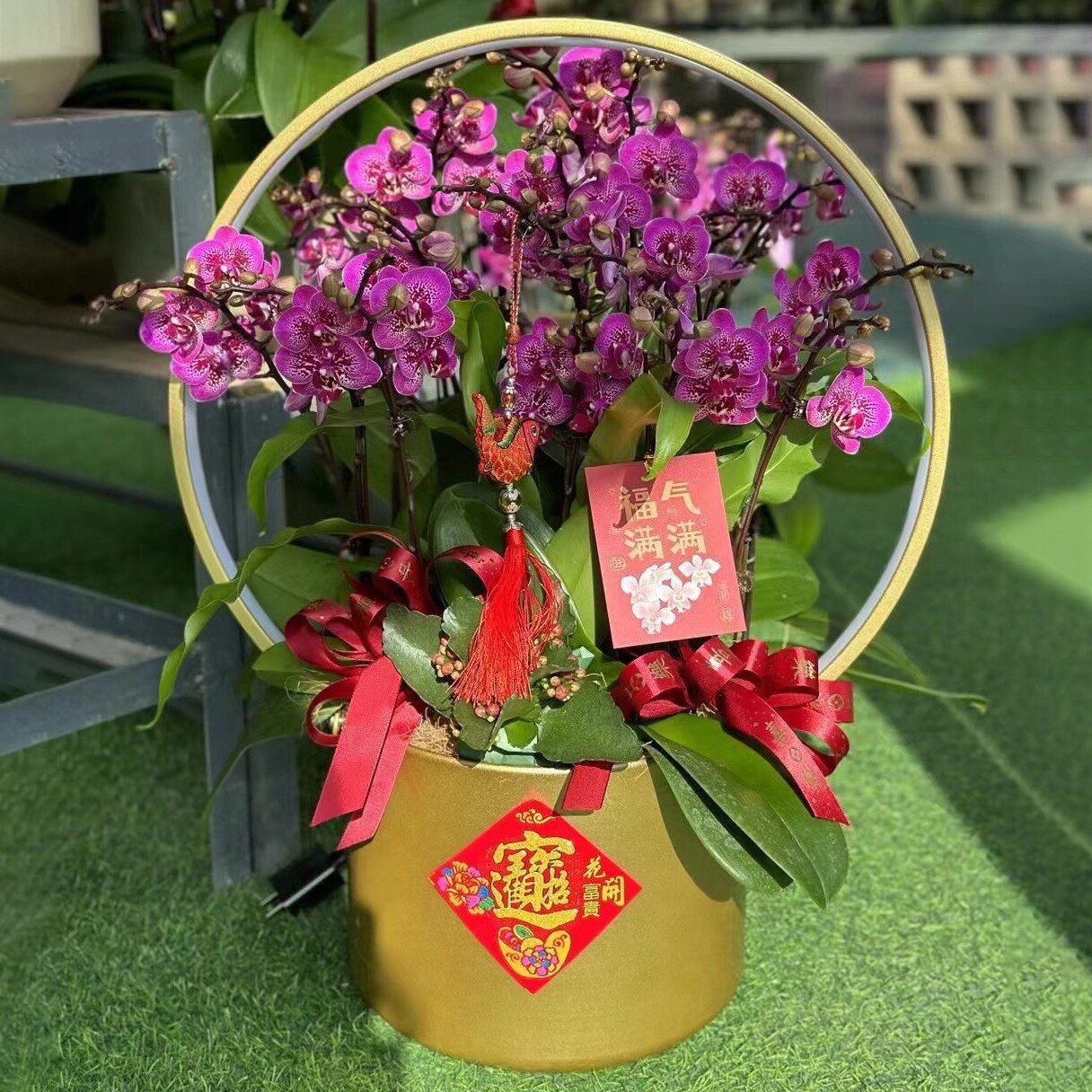 新中式带灯蝴蝶兰花盆冬青银柳年宵花插花器花篮金属福桶客厅摆件